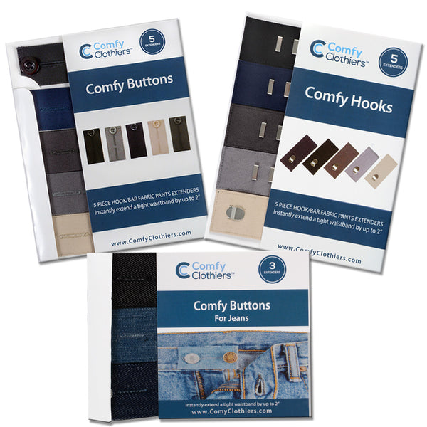 Comfy Clothiers Trouser Extender Bundle - 13 Extenders (3 Types) for Button  and Hook Trousers, Skirts or Jeans