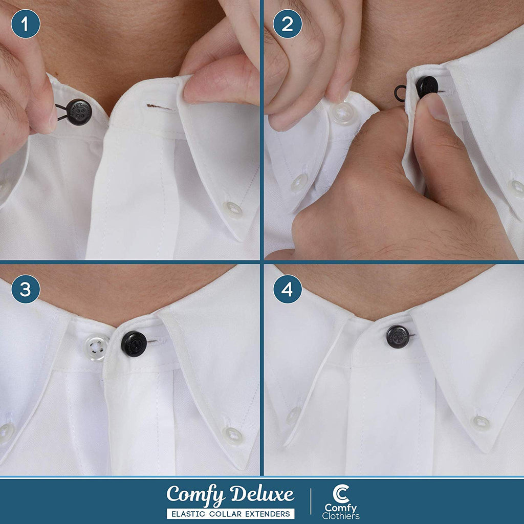 Comfy Deluxe Collar Extenders - Premium Elastic Dress Shirt Neck Button Extender (White Buttons) 3-Pack